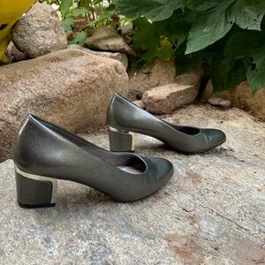 Metallic Heels Women Size 7.5 Silver Grey Pumps Block Heel Career Soft Style